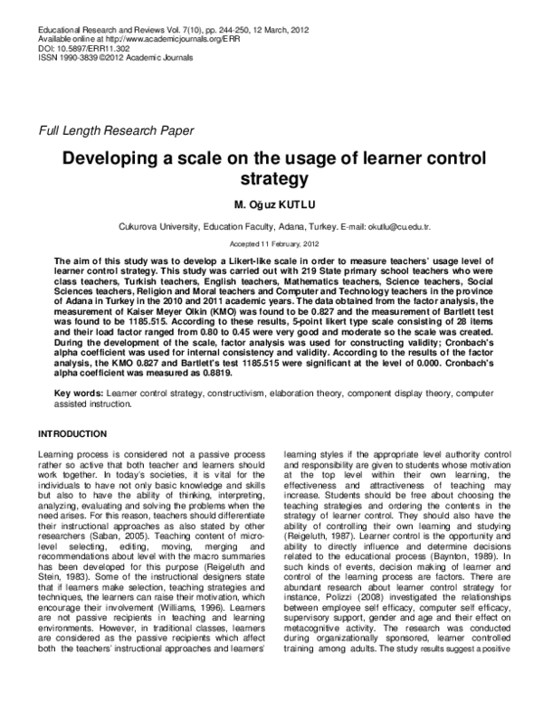 (PDF) Developing a scale on the usage of learner control strategy
