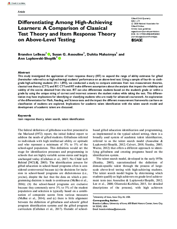 (PDF) Differentiating Among High-Achieving Learners: A Comparison of ...