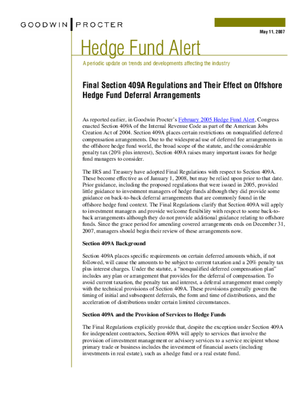 (PDF) Final Section 409A regulations and their effect on offshore hedge ...