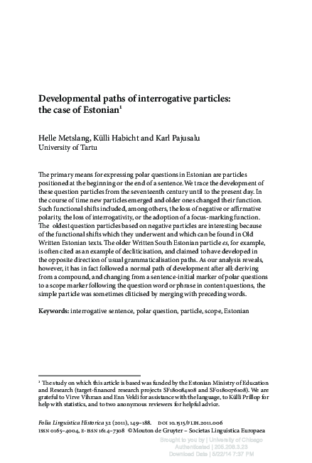 (PDF) Developmental paths of interrogative particles: the case of Estonian