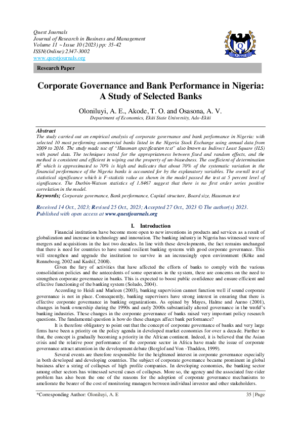 (PDF) Corporate Governance and Bank Performance in Nigeria: A Study of ...