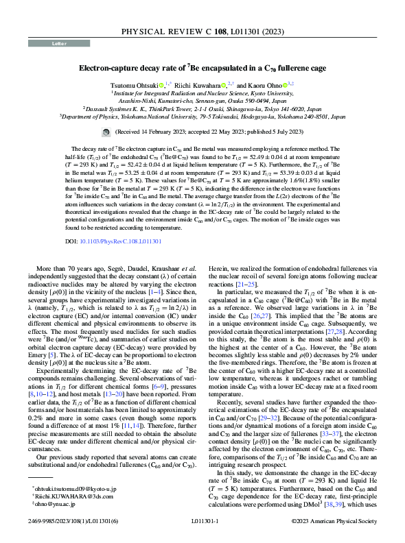 (PDF) Electron-capture decay rate of Be7 encapsulated in a C70 ...