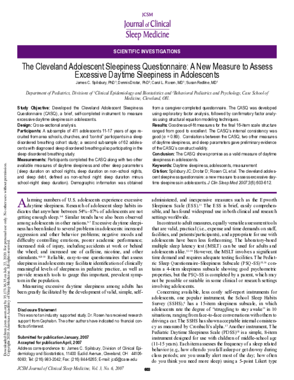 (PDF) The Cleveland Adolescent Sleepiness Questionnaire
