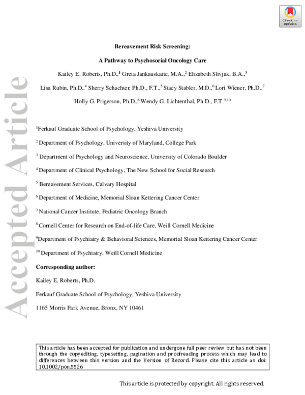 (PDF) Bereavement risk screening: A pathway to psychosocial oncology care