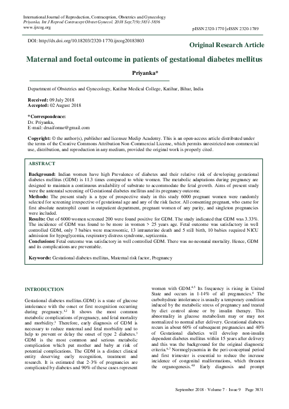 (PDF) Maternal and foetal outcome in patients of gestational diabetes ...
