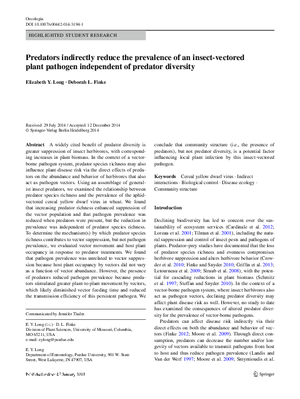 (PDF) Predators indirectly reduce the prevalence of an insect-vectored ...
