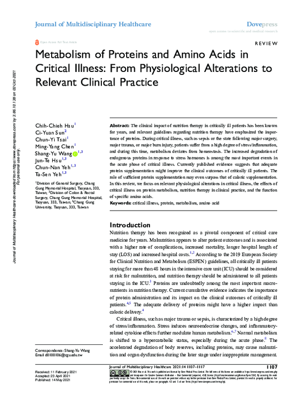 (PDF) Metabolism of Proteins and Amino Acids in Critical Illness: From ...