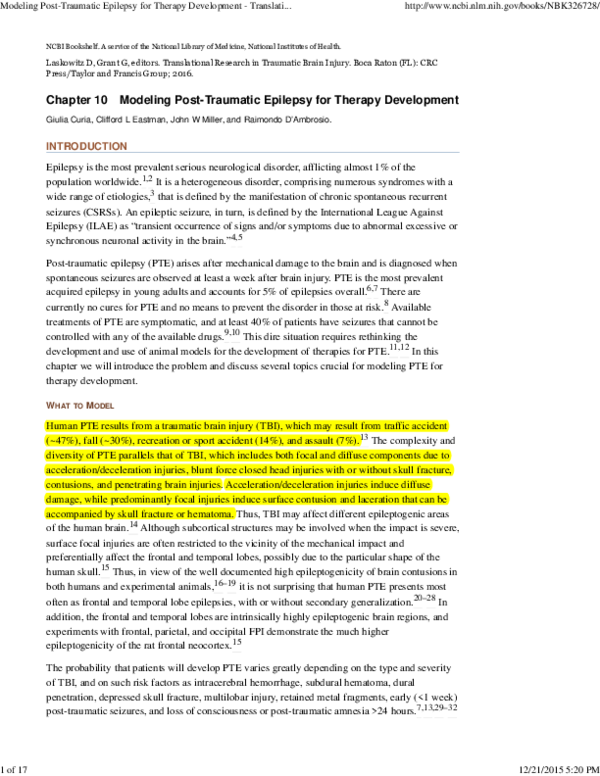 (PDF) Chapter 10 Modeling Post-Traumatic Epilepsy for Therapy Development