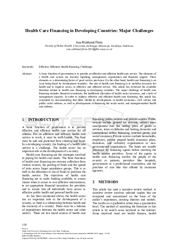 (PDF) Health Care Financing in Developing Countries: Major Challenges