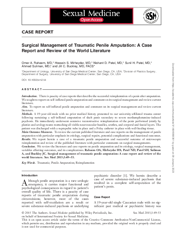 Surgical Management of Traumatic Penile Amputation: A Case Report and Review of the World Literature