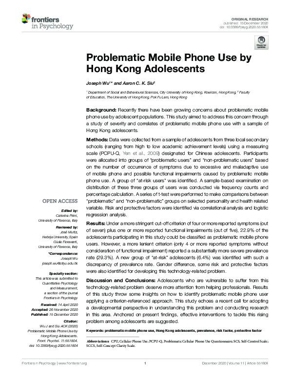 (PDF) Problematic Mobile Phone Use by Hong Kong Adolescents