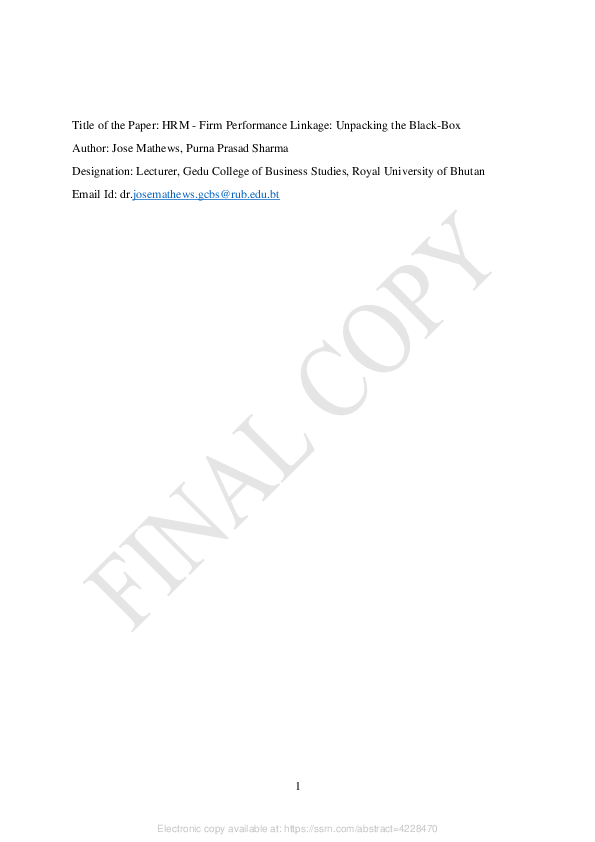 (PDF) Title of the Paper: HRM -Firm Performance Linkage: Unpacking the ...