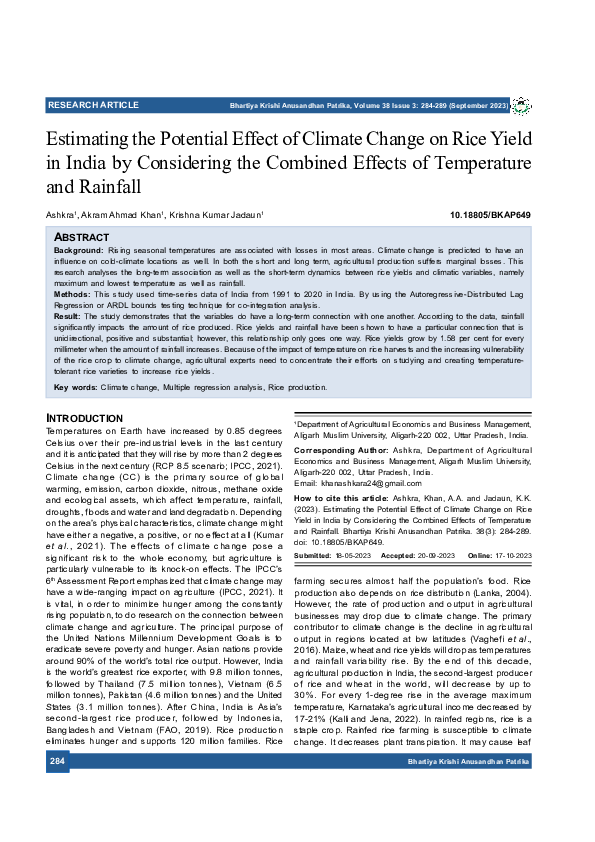 (PDF) Estimating the Potential Effect of Climate Change on Rice Yield ...