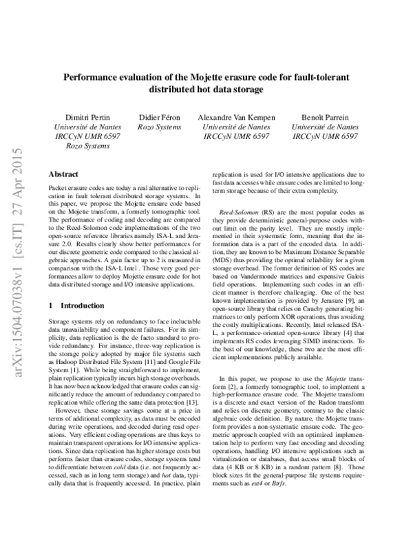 (PDF) Performance evaluation of the Mojette erasure code for fault ...