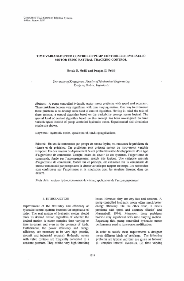 (PDF) Time Variable Speed Control of Pump Controlled Hydraulic Motor ...