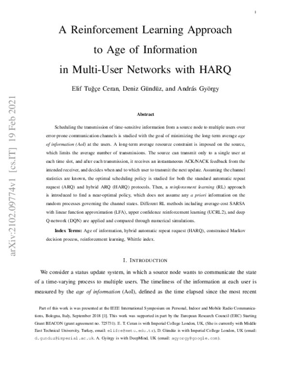 (PDF) A Reinforcement Learning Approach to Age of Information in Multi ...