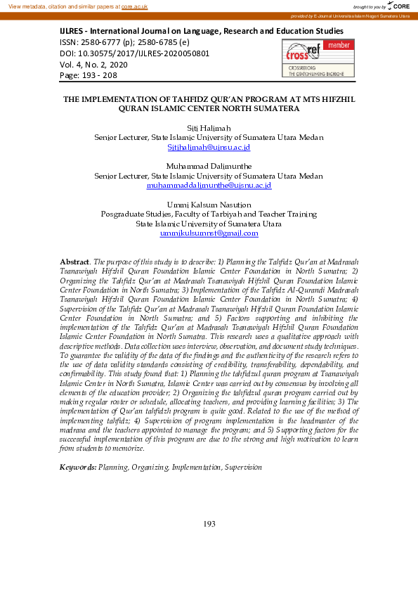 (PDF) The Implementation of Tahfidz Qur’An Program at MTS Hifzhil Quran ...