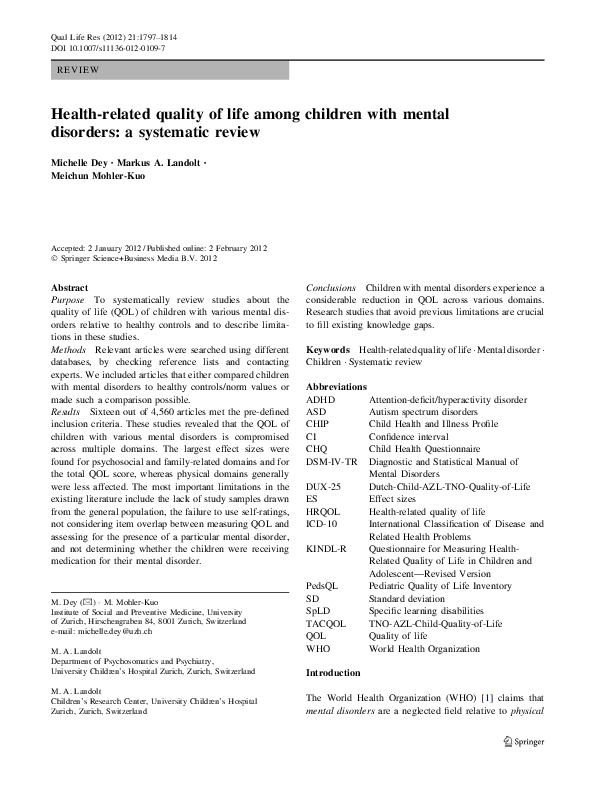 (PDF) Health-related quality of life among children with mental health ...