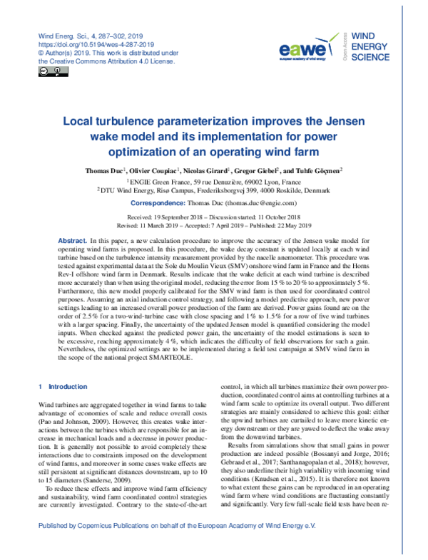 (PDF) Local turbulence parameterization improves the Jensen wake model ...