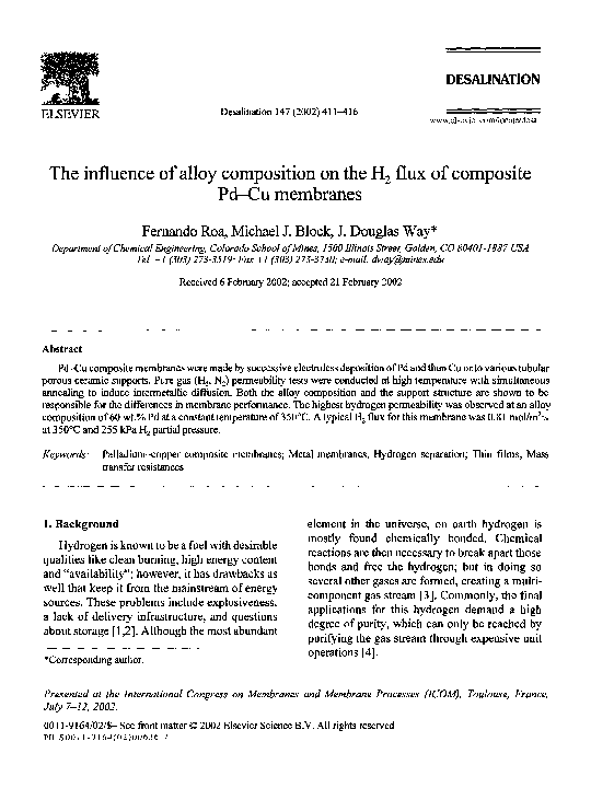 (PDF) The influence of alloy composition on the H2 flux of composite Pd ...