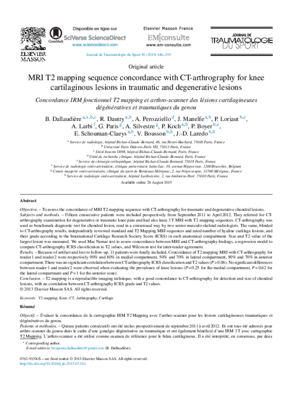 (PDF) MRI T2 mapping sequence concordance with CT-arthrography for knee ...