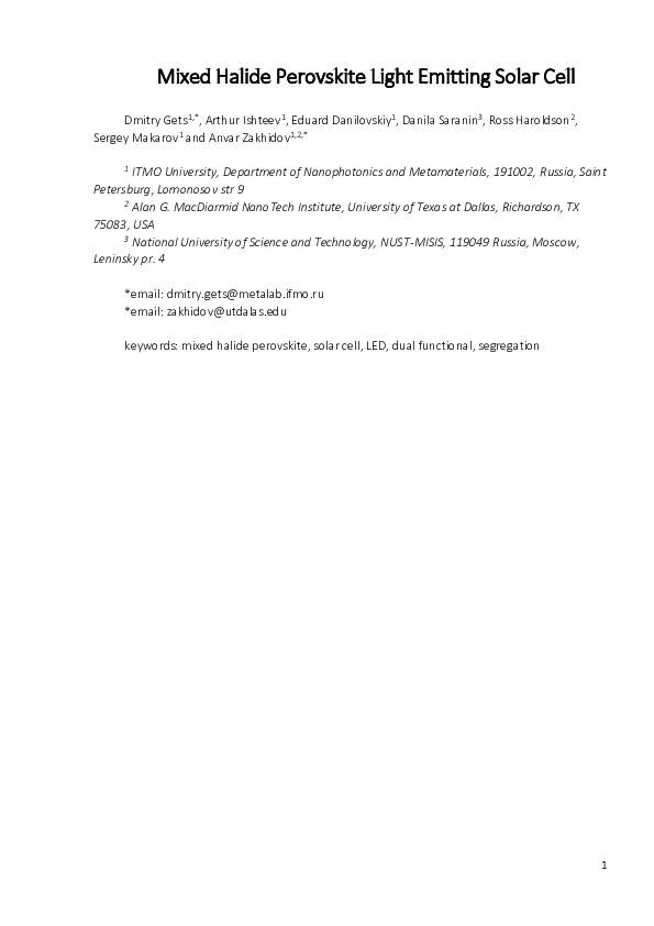 (PDF) Mixed Halide Perovskite Light Emitting Solar Cell