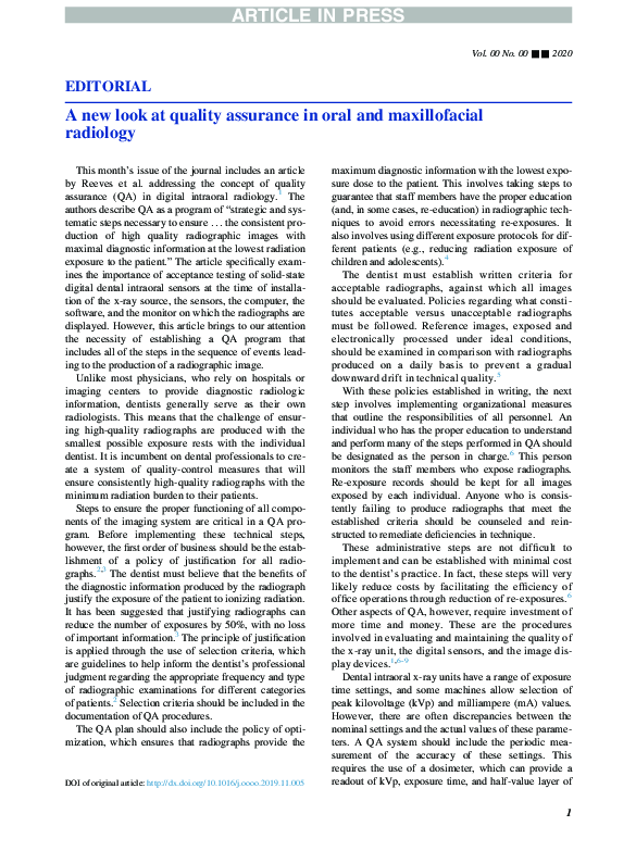(PDF) A new look at quality assurance in oral and maxillofacial radiology