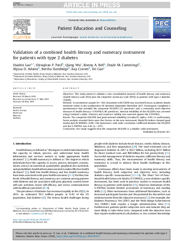 (PDF) Validation of a combined health literacy and numeracy instrument ...