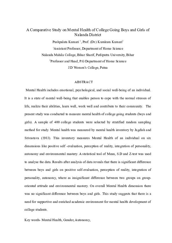 (DOC) A Comparative Study on Mental Health of College Going Boys and ...