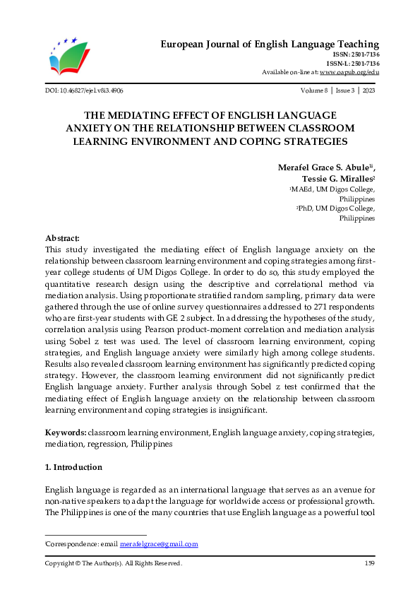 (PDF) The Mediating Effect of English Language Anxiety on the ...
