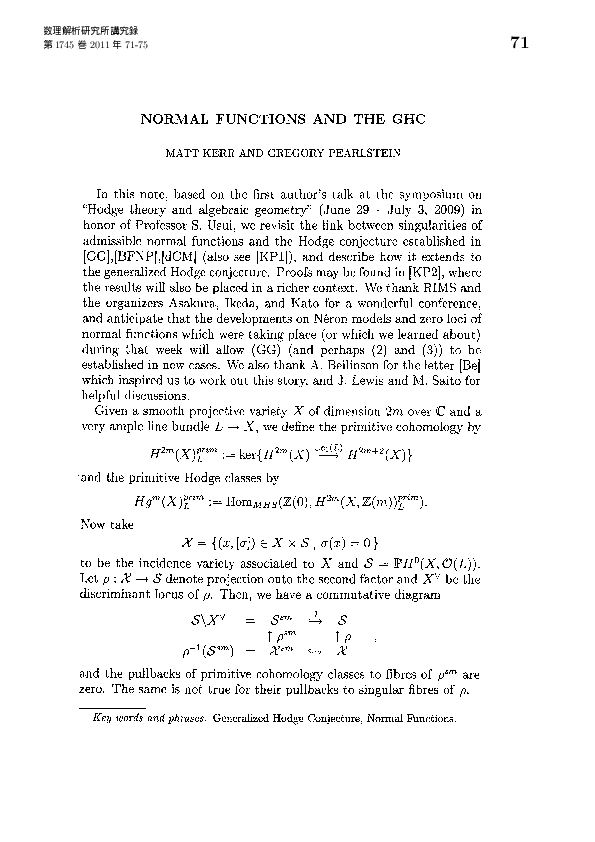(PDF) NORMAL FUNCTIONS AND THE GHC (Hodge theory and algebraic geometry)