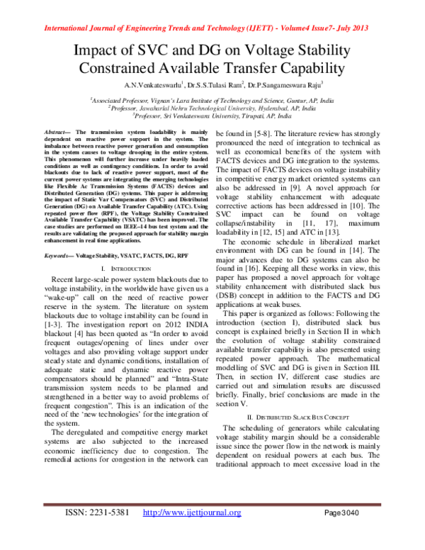 (PDF) Impact of SVC and DG on Voltage Stability Constrained Available ...