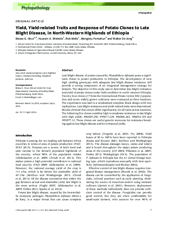 (PDF) Yield, Yield-related Traits and Response of Potato Clones to Late ...