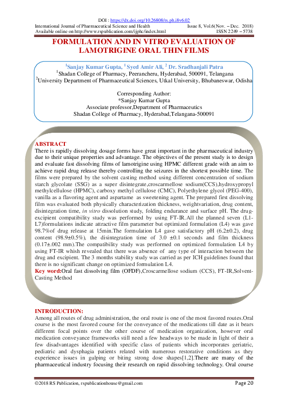 (PDF) FORMULATION AND IN VITRO EVALUATION OF LAMOTRIGINE ORAL THIN FILMS