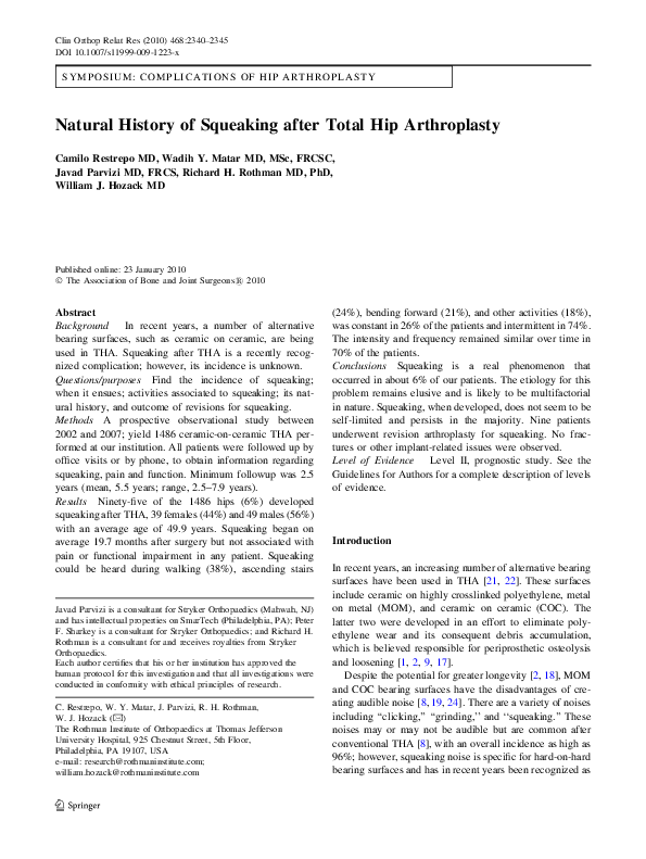 (PDF) Natural History of Squeaking after Total Hip Arthroplasty