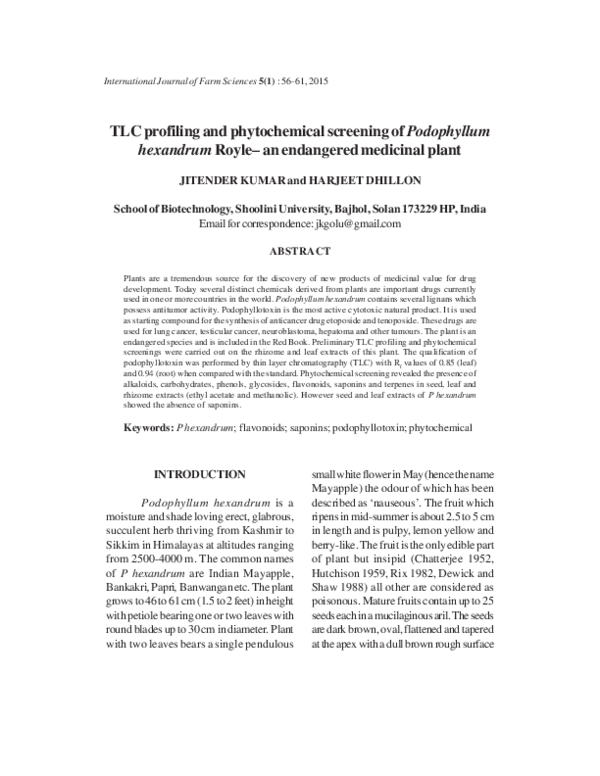 (PDF) TLC profiling and phytochemical screening of Podophyllum ...