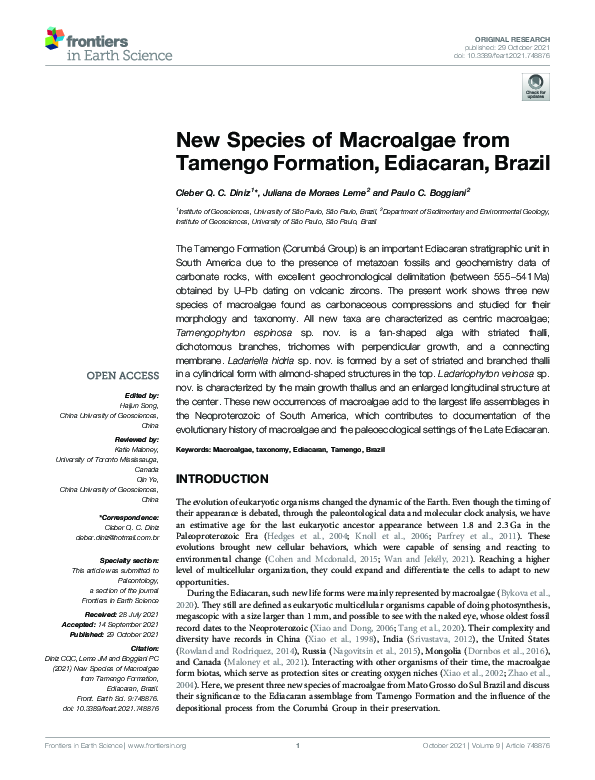 (PDF) New Species of Macroalgae from Tamengo Formation, Ediacaran, Brazil