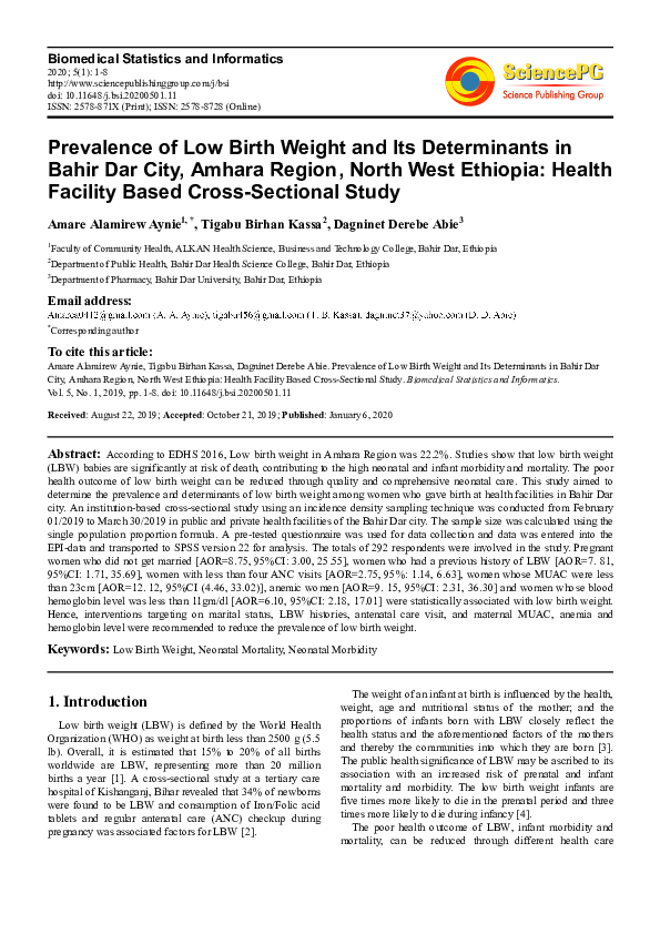 (PDF) Prevalence of Low Birth Weight and Its Determinants in Bahir Dar ...