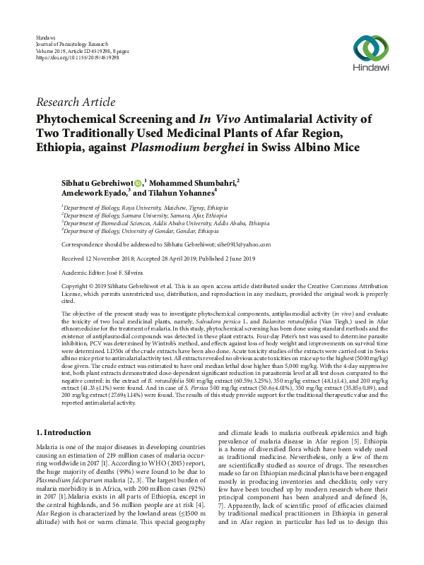 (PDF) Phytochemical Screening and In Vivo Antimalarial Activity of Two ...
