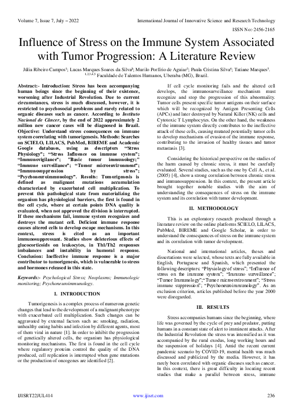 (PDF) Influence of Stress on the Immune System Associated with Tumor ...