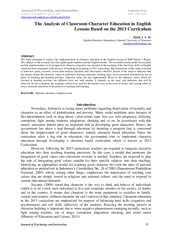 (PDF) The Analysis of Classroom Character Education in English Lessons ...