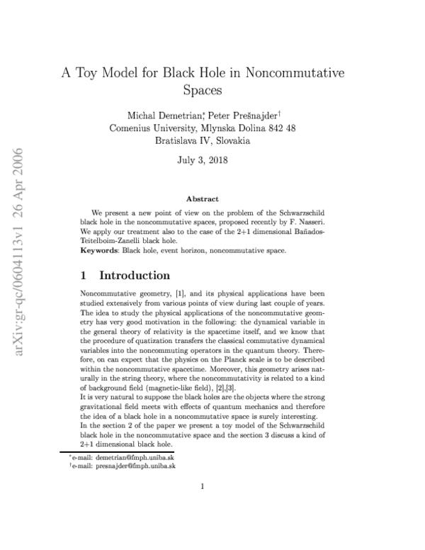 (PDF) A Toy Model for Black Hole in Noncommutative Spaces