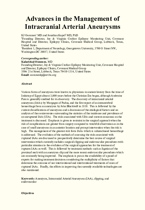 (DOC) Advances in the Management of Intracranial Arterial Aneurysms