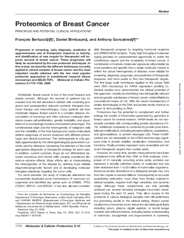 (PDF) Proteomics of breast cancer: principles and potential clinical ...