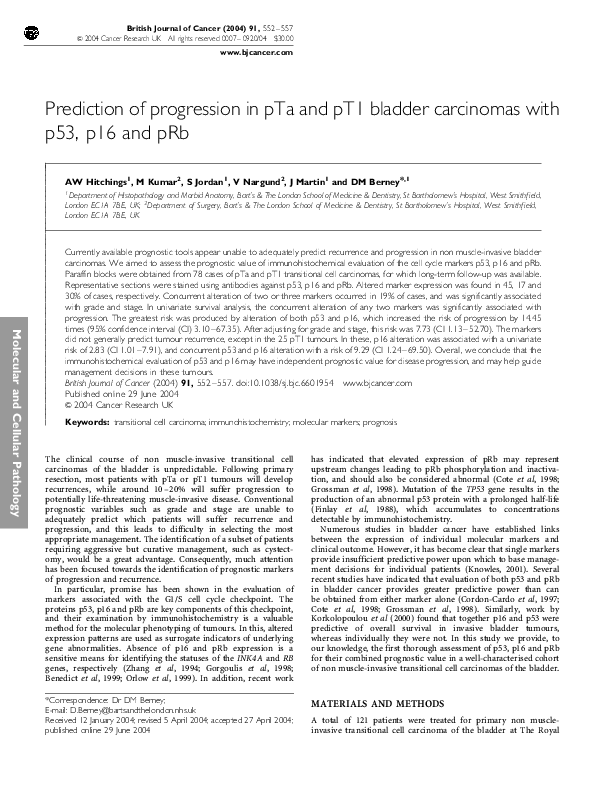 (PDF) Prediction of progression in pTa and pT1 bladder carcinomas with ...