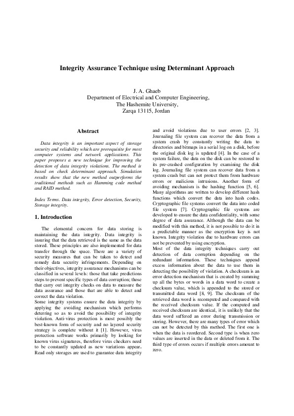 (PDF) Integrity Assurance Technique Using Determinant Approach