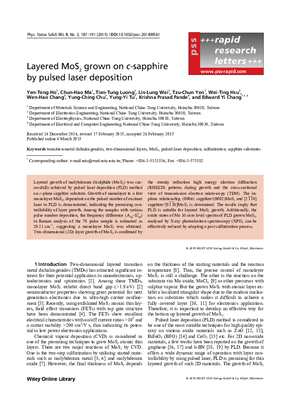 (PDF) Layered MoS2 grown on c -sapphire by pulsed laser deposition