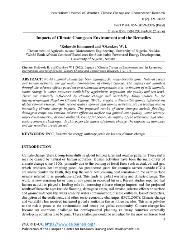 (PDF) Impacts of Climate Change on Environment and the Remedies