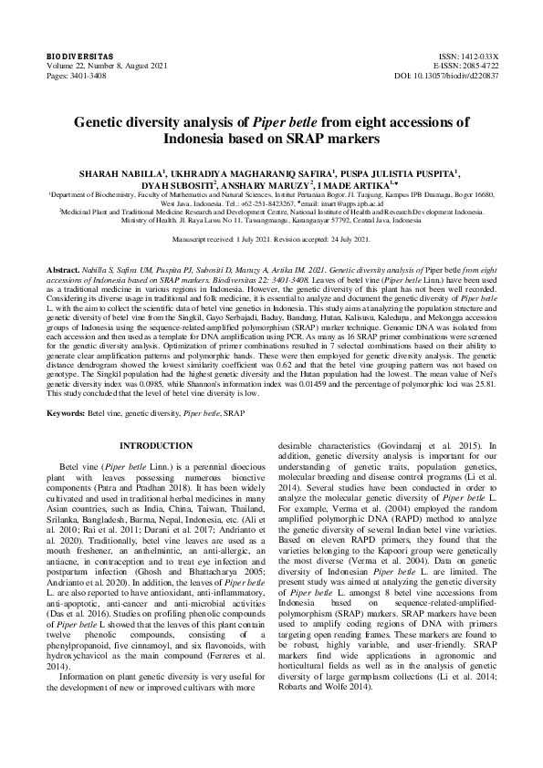 (PDF) Genetic diversity analysis of Piper betle from eight accessions ...