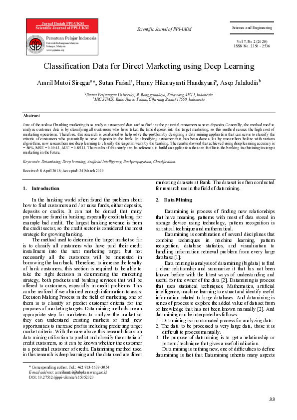 (PDF) Classification Data for Direct Marketing using Deep Learning